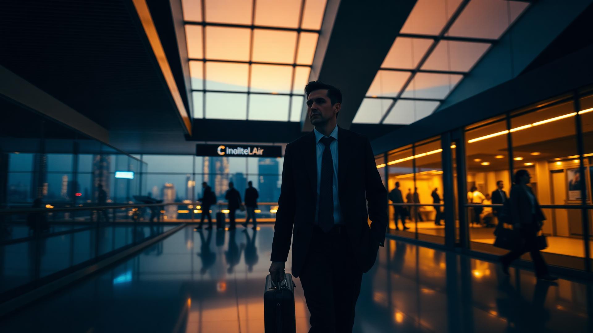 Global business traveler in an international airport at dusk